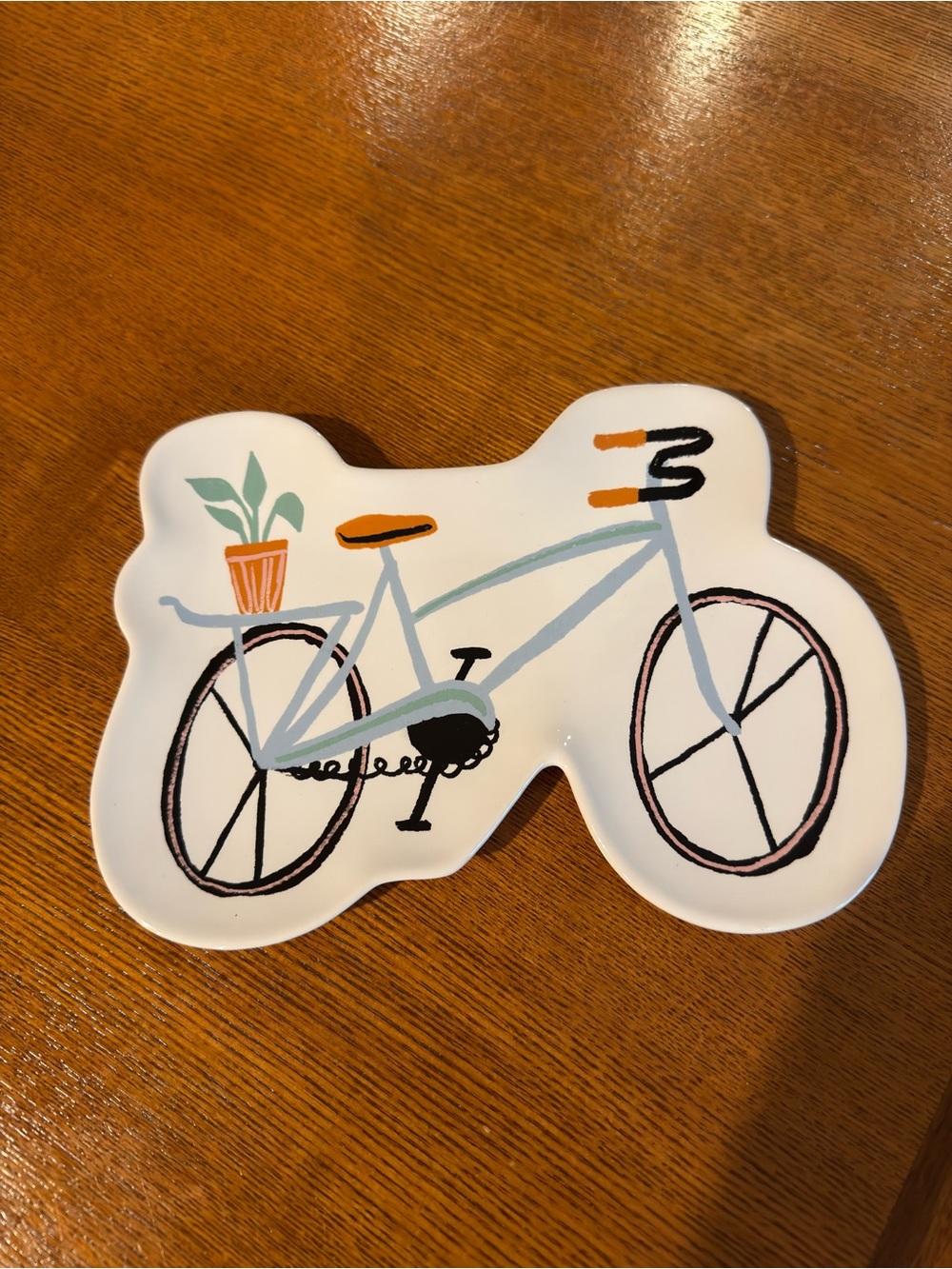 White Bicycle-Shaped Decorative Ceramic Plate/Tray with Mint and Orange Accents